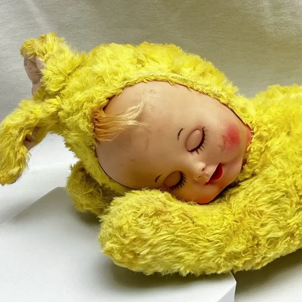 Vintage My Musical Toy? Rubber Baby Face Yellow Plush Spring Bunny Wind Up Toy